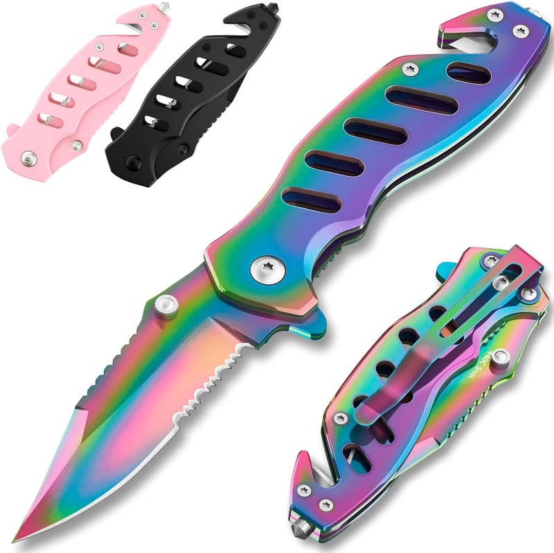 GOOD WORKER Legal Rainbow Pocket Knife with Glass Breaker Seatbelt Cutter - 2.68 Inch Sharp Serrated Blade - Cute Small Folding Womens Knives for Self Defense EDC Camping - Birthday Gifts for Women - 6655 R - Image 1
